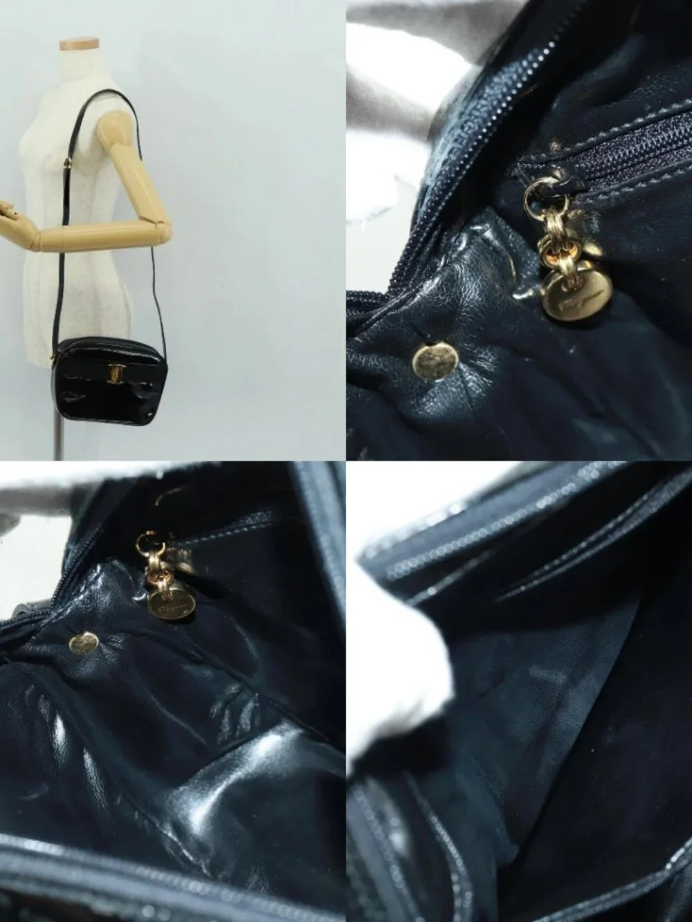 Salvatore Ferragamo Shoulder Bag Patent leather Black Gold Auth ka1226